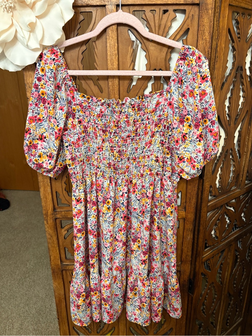 First Love Pink Multi Floral Smocked Mini Dress